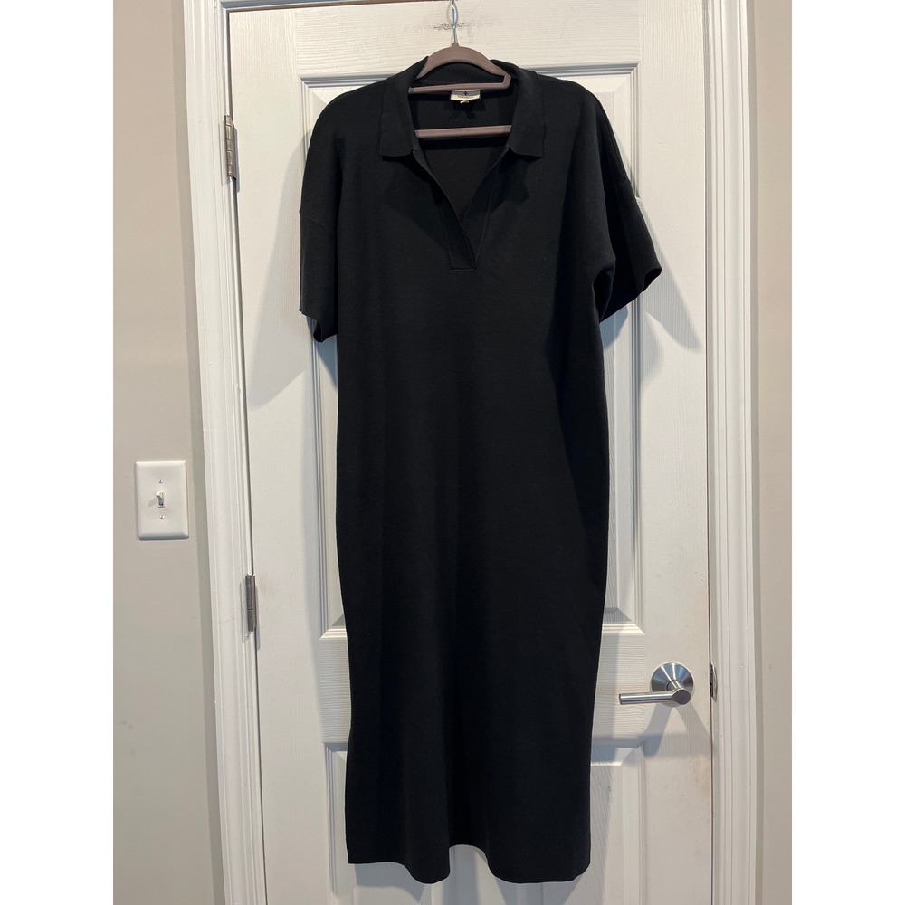 Tuckernuck Black Knit Polo Midi Dress Short Sleeve V-Neck Side Slit XL